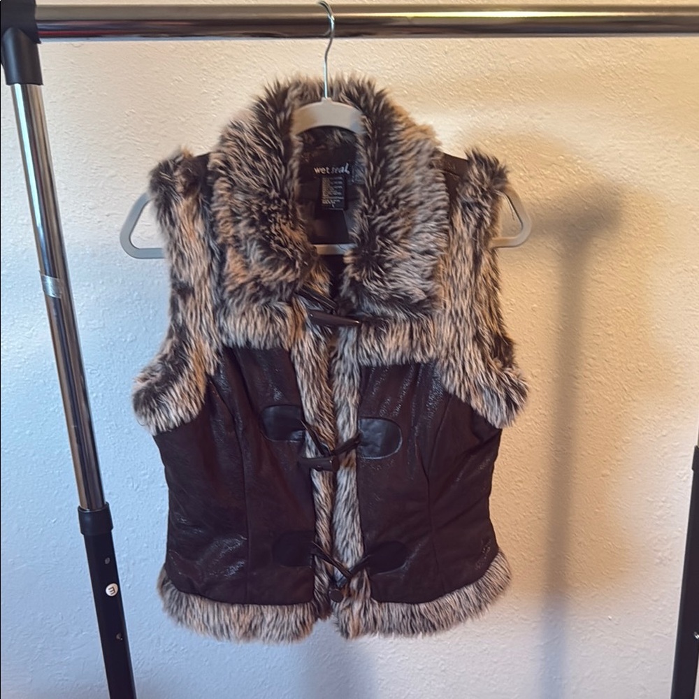 Wet Seal Faux Fur Trim Vest Brown Gray